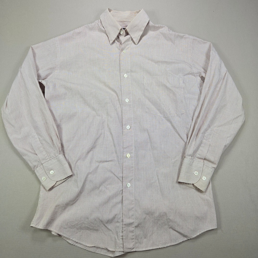 Hugo Boss Men Brown White Micro Stripe Cotton Dress Shirt Size 15 38 Long Sleeve